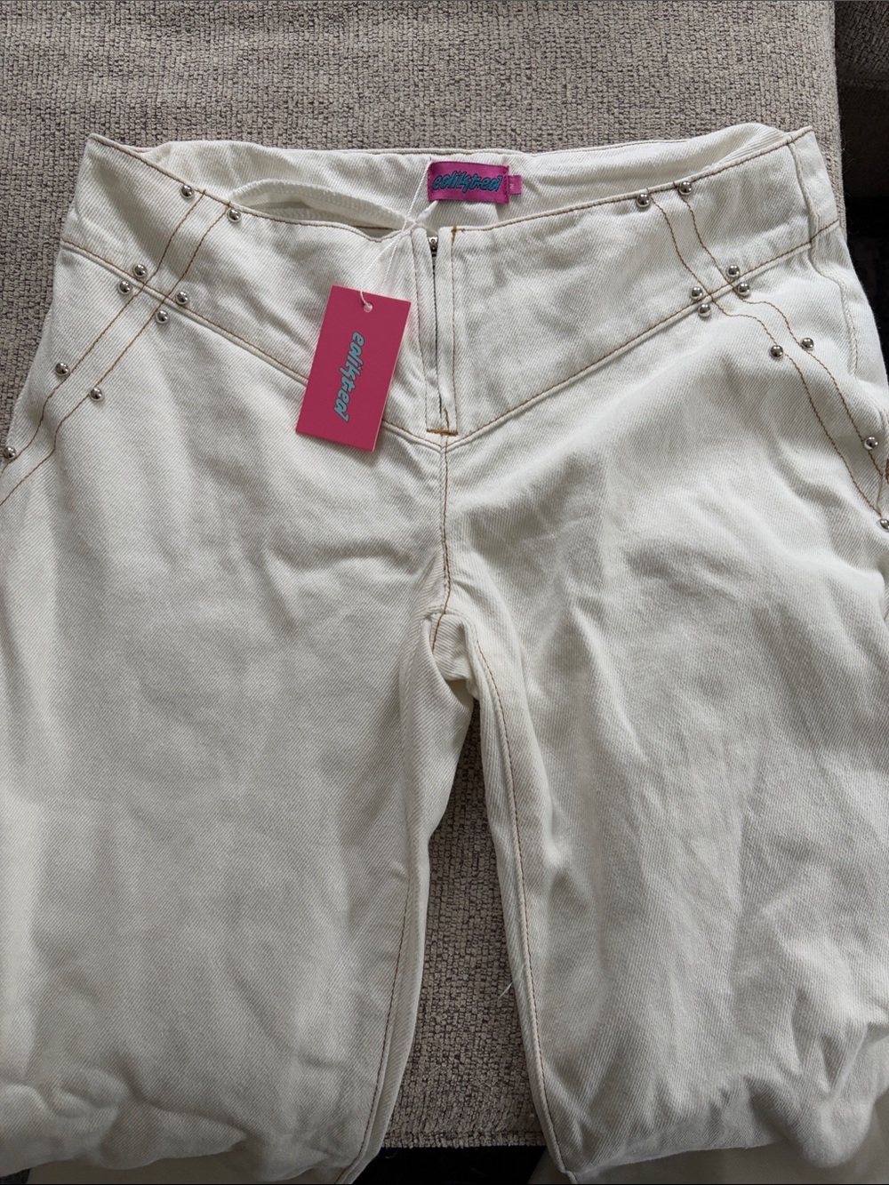 Edikted Cream Low Rise Wide Leg Studded Denim